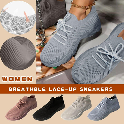 Tennis Female Fashion Women Large Size Platform Solid Color Lace-up Flying Knitted Sneakers Outdoor Walking Shoes