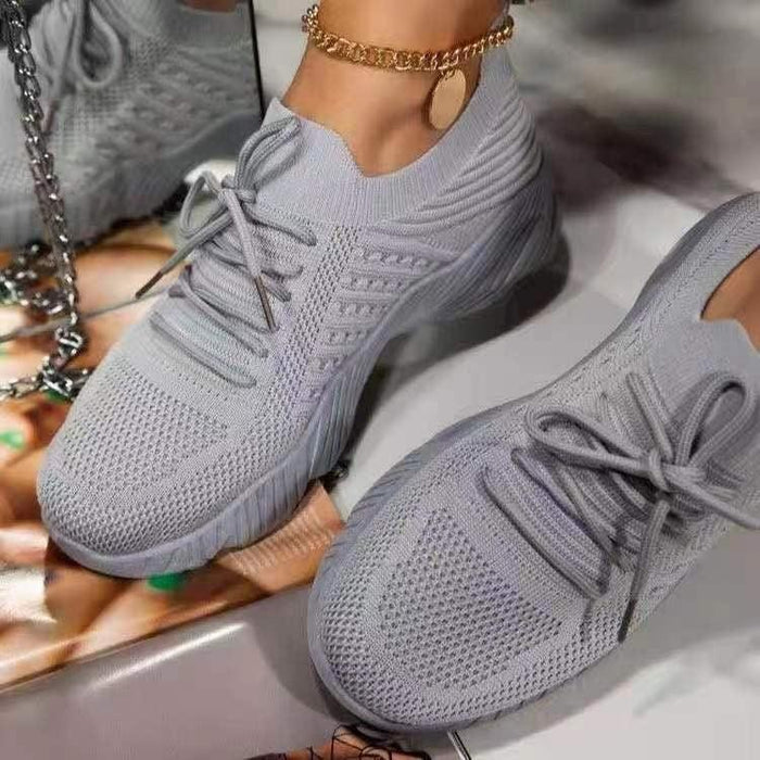 Tennis Female Fashion Women Large Size Platform Solid Color Lace-up Flying Knitted Sneakers Outdoor Walking Shoes