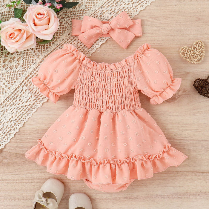 Three-color Jacquard Skirt Cute Puff Sleeve One-piece Rompers Jumpsuit With Headscarf