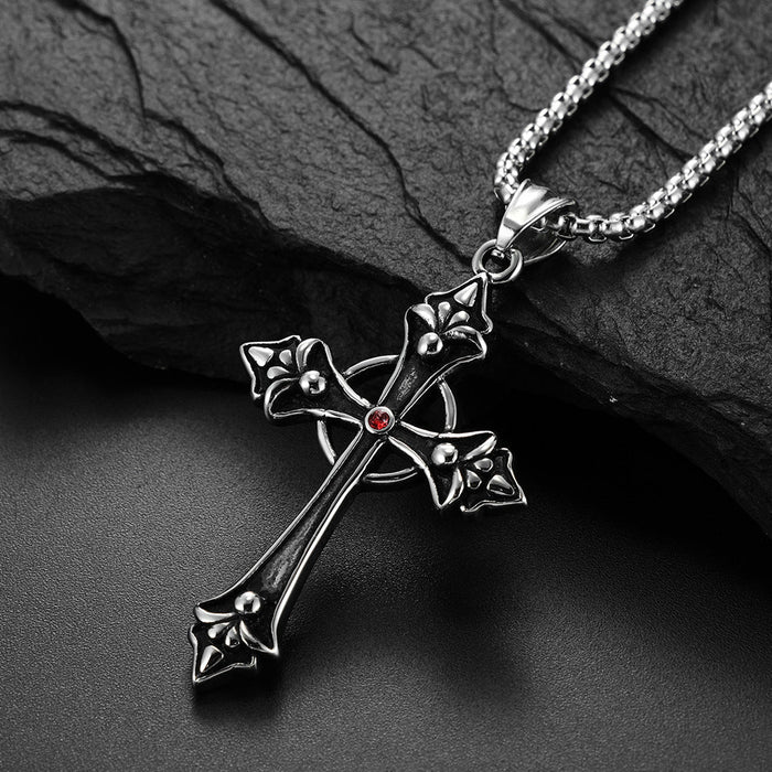Titanium Steel Inlaid Garnet Red Diamond Cross Pendant