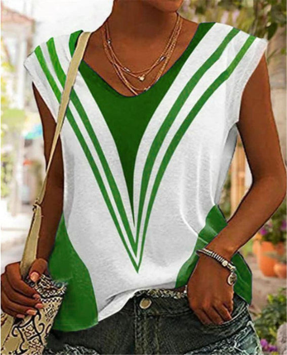 V-neck Casual Loose Striped Printed Short Sleeve T-shirt