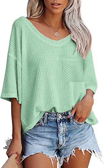 V-neck Shirts Women Short Sleeve Green Tops With Patched Pocket