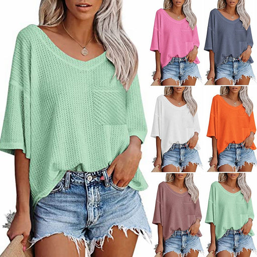 V-neck Shirts Women Short Sleeve Green Tops With Patched Pocket