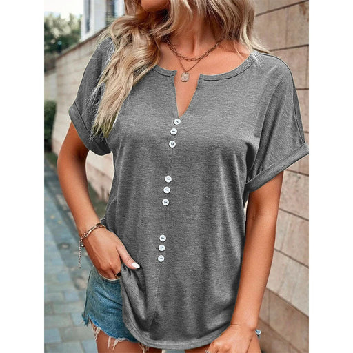 V-neck Short Sleeve Tops Shirt Summer Button Design Blouse
