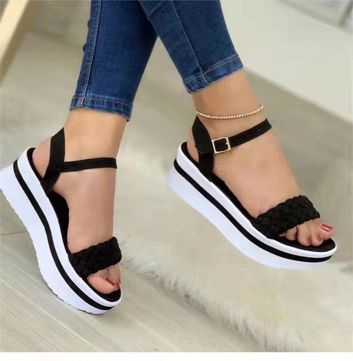 Weave Style Sandals Thick-bottomed Braided One Word Buckle Strap Shoes Women