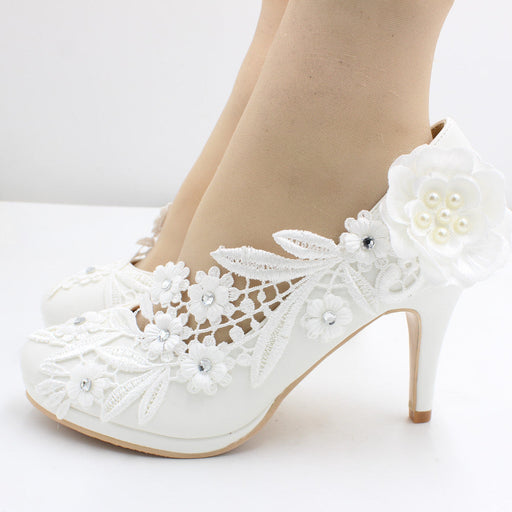 White Matte Lace Flower Wedding Stiletto Heels