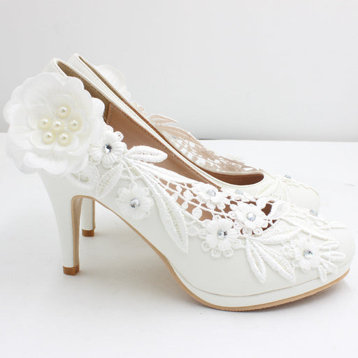 White Matte Lace Flower Wedding Stiletto Heels