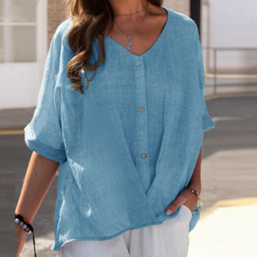 Women's Cotton Linen V-Neck Pullover Short Sleeve Casual Top