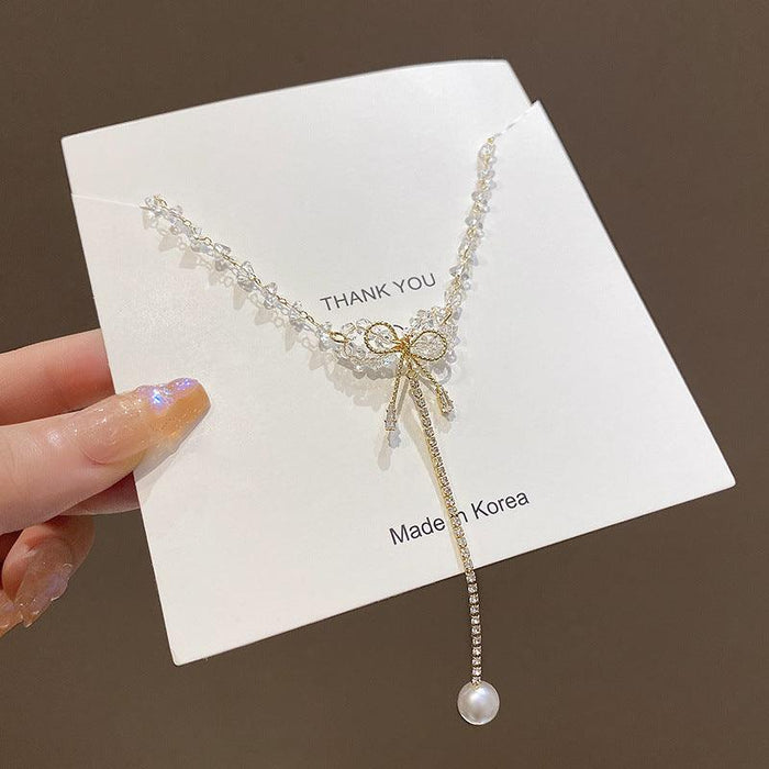 Women's Fashion Bow Crystal Tassel Pearl Pendant Necklace