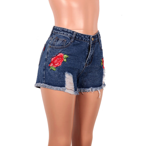 Women's Fashionable Simple High Elasticity Fabric Embroidered Denim Shorts