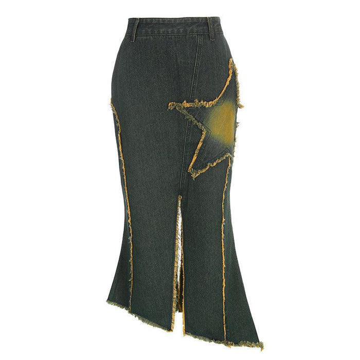 Women's Five-pointed Star Retro Fishtail Denim Skirt