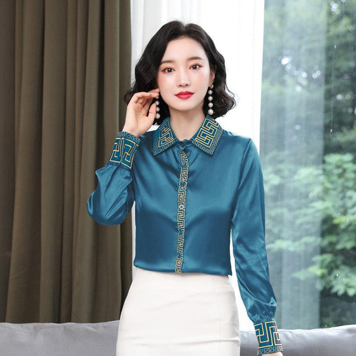 Women's Long-sleeve Satin Silk Top With Embroidered Shirt