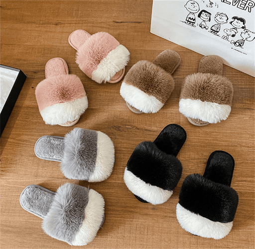 Women's New Style European And American Fashion Color-blocking Flat Plush Slippers