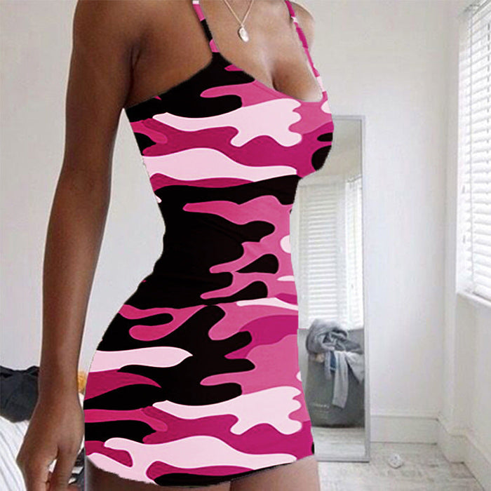 Women's Popular Cross-border Hot Selling Strap Camouflage Printed Skinny Sheath Hot Girl Dress