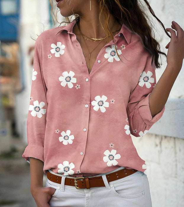 Women's Solid Color Floral Print Long-sleeved Shirt