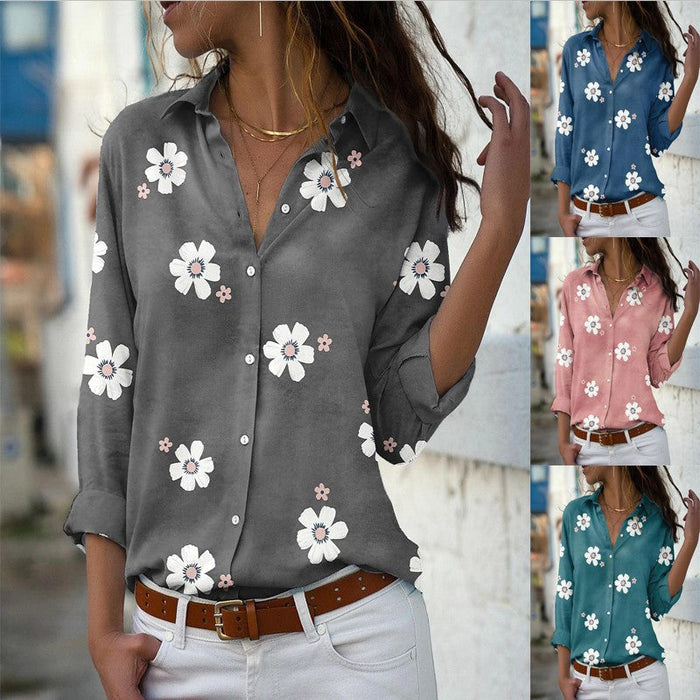 Women's Solid Color Floral Print Long-sleeved Shirt