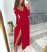 Women's Spring And Summer Long Sleeve V-Neck Solid Color Hem Slit Dress