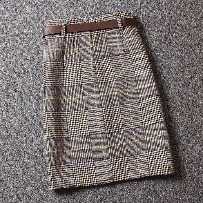 Woolen Plaid Women's Mid-length High Waist Slit One-step Hip Skirt