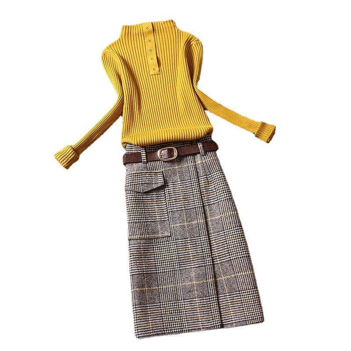 Woolen Plaid Women's Mid-length High Waist Slit One-step Hip Skirt
